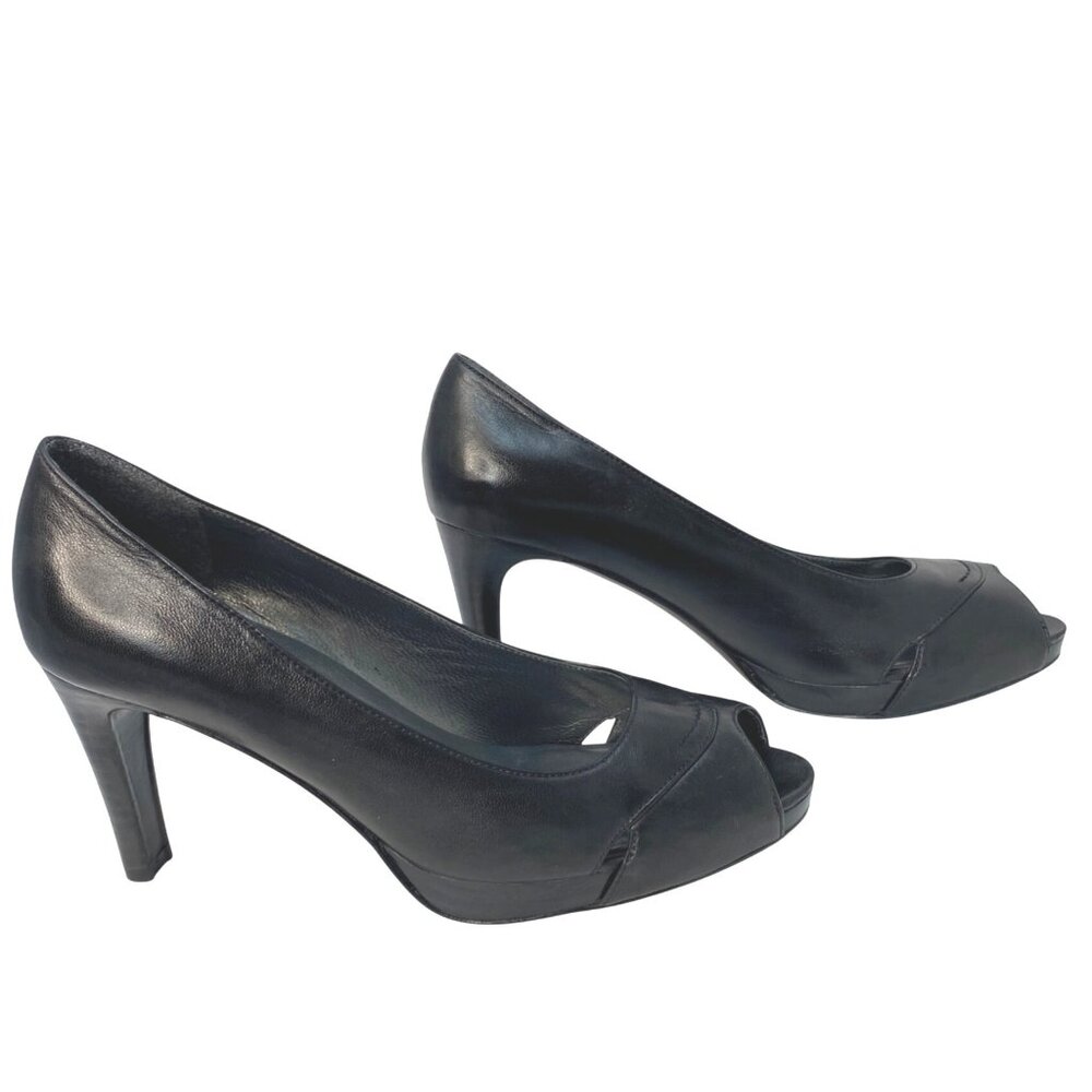 Stuart Weitzman Black Leather Peep Open Toe High Heel Luxury Pumps Size 7.5M - Picture 6 of 13